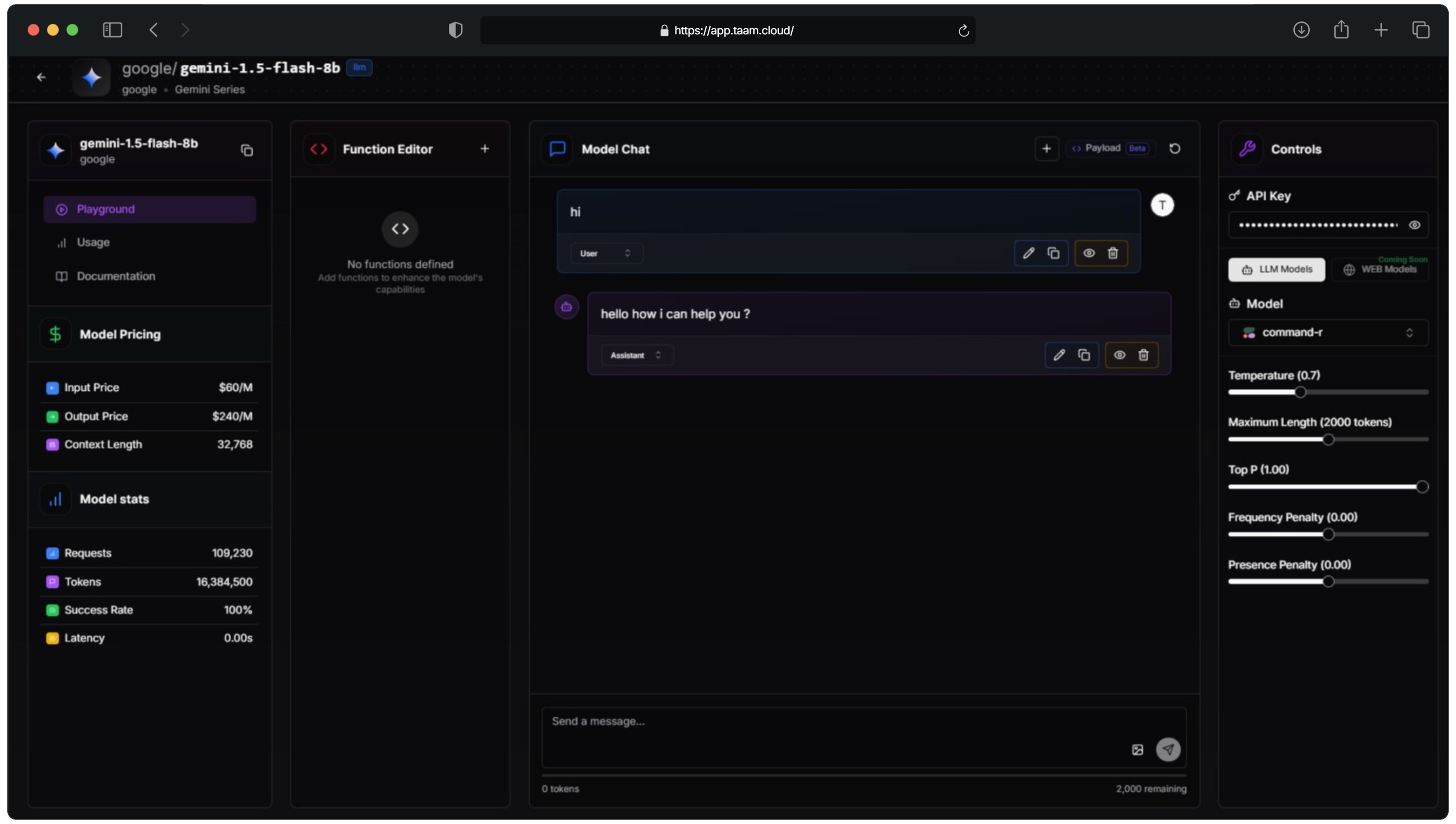 Taam Cloud's AI Playground Console