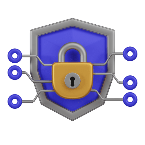 A shield and a lock with integration grids representing data protection and privacy